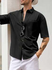 Mens Short Sleeve Cuban Camp Guayabera Shirt Linen Cotton Hippie Beach Button Down Shirts Plus Size - 黑色 - 查看 5