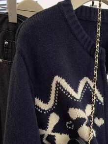 JIANHU Cozy Zip-Up Knit Cardigan For Fall/Winter, Featuring Festive Nordic-Inspired Pattern With Heart & Bow Details, Ideal For Casual Layering And Holiday Gatherings, Stylish Yet Comfortable For Your Everyday Look.