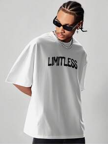 Camiseta gráfica de estilo urbano para hombres, casual de hombro caído, manga corta, impresión de arte cómico en blanco y negro con texto "LIMITLESS", camiseta de verano de corte holgado para hombres, atuendo deportivo, cómoda de usar - Blanco - Ver 5