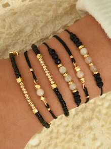 5pcs/Set Fashionable & Versatile Rice Pearl Bead Round Pendant Stacked Bracelets, Suitable For Women Summer Beach Vacation Daily Accessories