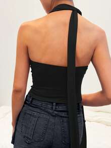 Camiseta de tirantes con cuello de pico profundo, tipo halter y espalda descubierta, estilo Y2K de Primavera/Verano