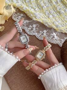 1 pieza Reloj de mujer cuadrado con perla/Reloj minimalista dorado con esfera pequeña para uso diario y regalo/Boda/Fiesta