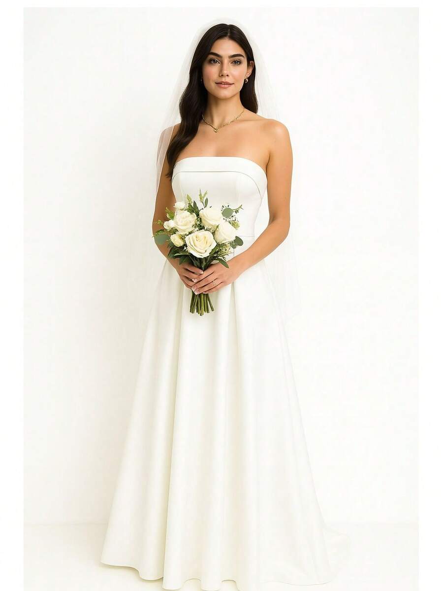 Long Strapless Princess Style Bridesmaid Prom Debutante Party Dress In Luxurious Satin Matte Fabric - White - View 1