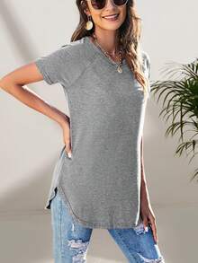 Women's Casual Simple Gray Round Neck Short Sleeve T-Shirt, Summer