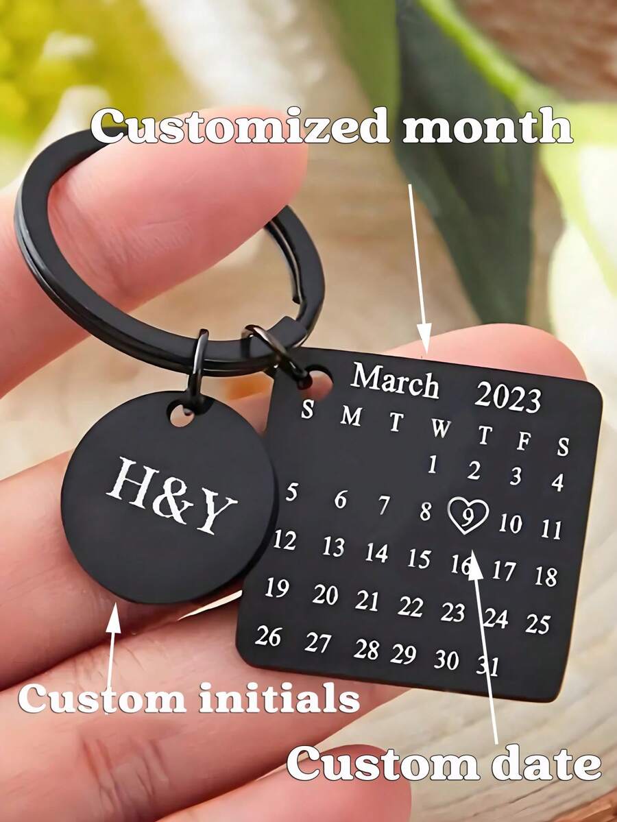 Personalize Gift Calendar Keychain Personalized Calendar Keychain, Engraved Calendar Keyring, Special Date Calendar Keyring Stainless Steel Square Round Pendant Keychain Couples Key Ring, Personalized Gifts, Anniversary Gift, Christmas Gift, Gold, Stylish, Colorful, Vintage, Unisex, Hipster, Simple, Casual, Custom, Personalized, - Multicolor - View 1