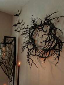 Halloween Wreath For Front Door, Halloween Black Garland Decorations, Artificial Black Twig Wreath With Glitter Bats, For Halloween Party, Porch, Front Door, Indoor, Outdoor, Farmhouse, Holiday Home Decor Halloween Decor Room Decor - Black - View 8