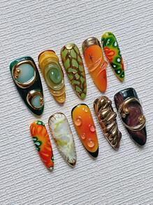 10pcs Almond-Shaped Gothic Vampire Style Nail Stickers - Green To Orange Ombre French Manicure, Gold Flowing Design, 3D Water Drop Faux Pearls Reusable Halloween Fake Nails Set With Nail Glue And File, Suitable For Fair Skin Tones - Multicolor - View 3