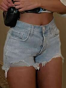 女士街头风水洗毛边弹力修身牛仔短裤，休闲日常穿着，带口袋，适合春夏和返校季 - 淺色水洗藍 - 查看 4