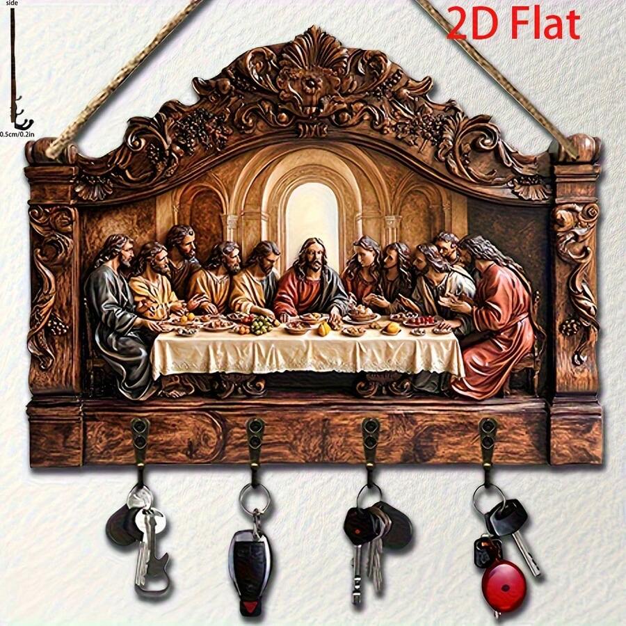 1 pieza, Escena de la Última Cena impresa en 2D, Perchero de madera multicolor minimalista con 4 ganchos de metal, Decoración de pared, Decoración de entrada, Decoración de habitación, Decoración de villa, Decoración del hogar multiusos para 11 fiestas - A - Ver 1