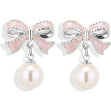 Bow Earrings For Women  Sparkly Rhinestone Chain Tassel Earrings Cute Ribbon Stud Earring Daily Party Jewerly Gifts Christmas Stocking Stuffers - C3:粉紅蝴蝶結珍珠耳環銀色 - 查看 1