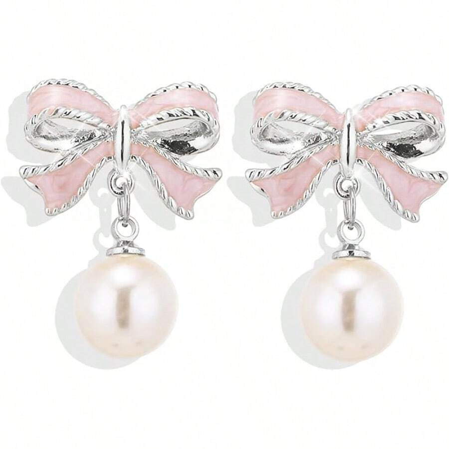 Bow Earrings For Women Sparkly Rhinestone Chain Tassel Earrings Cute Ribbon Stud Earring Daily Party Jewerly Gifts Christmas Stocking Stuffers - C3:粉紅蝴蝶結珍珠耳環銀色 - 查看 1