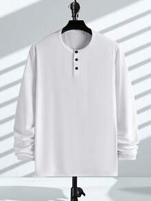 New Men's Casual Classic Ribbed Texture Henley Neck All-Match Versatile Long Sleeve T-Shirt, Fall