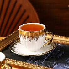 90-100ml/3.1-3.3oz Luxury Gold-Plated Ceramic Coffee Cup & Saucer Set, Suitable For Espresso, Turkish Coffee, Americano, Latte - Type C - View 5