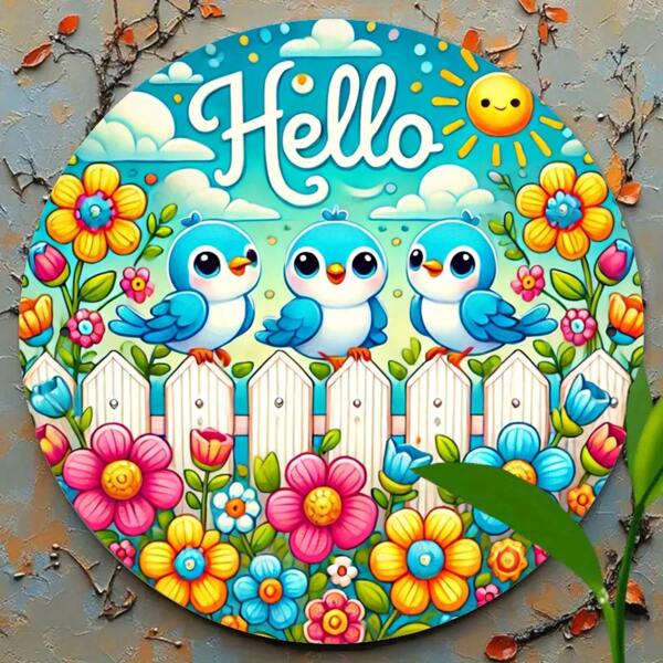 Room Decoration 1 Piece, Hello Bird Round Wreath Style Metal Sign, 8x 8inch , Rustic Iron Wall Art, Spring Decorative Sign, Easy To Hang, Suitable For Home, Room, Garage, Country, Garden, Porch, Farmhouse Decoration