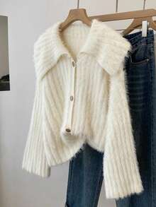 High-Quality Solid Color Faux Mink Cardigan Sweater, Metal Button Closure, French Collar, Knitted Outerwear For Women, Autumn - White - View 1