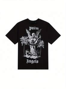 2025 Angel Graphic T-Shirt For Men & Women - Vintage-Inspired Loose Fit Short Sleeve Tee With Palm Tree & "Angels" Design, Black, Casual Wear |   Vintage Style |   Durable Cotton - 黑色 - 查看 2