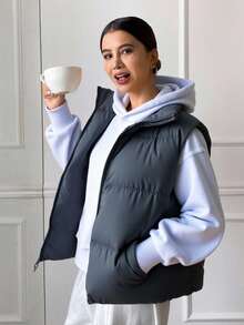 Livesso 斜口袋背心加厚口袋外套（不含运动衫）女士冬季外套 - 深灰色 - 查看 4