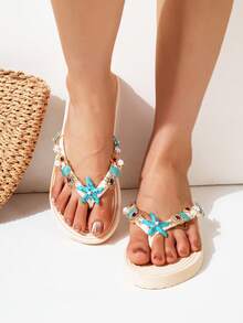 异域海岸沙滩风格海洋海星珊瑚形装饰链，编织设计平底休闲沙滩凉鞋，女士软底防滑平底人字拖，波西米亚风格贝壳、星星、珊瑚、海洋元素，适合日常、海滩、旅行等场合。 - 米色-平底壓花-藍色海星 - 查看 6