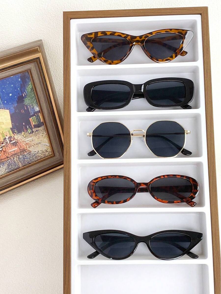 5pcs Cat Eye Minimalist Polygon Square Frame Retro Small Square Fashion Eyeglasses - 5PC Big Box Fashion Bean Curd Black Gold Gray Red Bean Black Gray - View 1