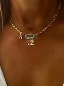 STYLEVER 1件装金色A-Z 26字母项链，绿松石钻石椭圆形扣链，搭配金色珠子项链和不锈钢链，独特优雅风格 - 金黃色 - 查看 17