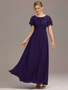 Fall Women's Elegant Crew Neck Empire Waist Pleated Chiffon Purple Glum Bridesmaid Dress Formal Dress - Purple - View 1