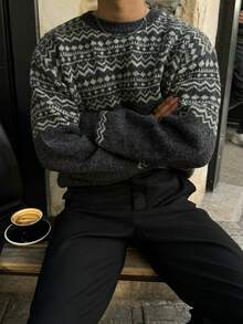 男士宽松北欧风几何图案圆领套头毛衣，男女通用款，秋冬季长袖针织衫 - 灰色 - 查看 2