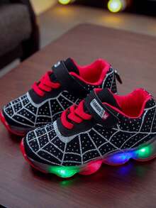 MGO Kidss Buty sportowe do biegania i treningu MGO dla dzieci, lekkie, oddychające, antypoślizgowe, z motywem pajęczej sieci, z diodami LED i sznurowadłami, dla chłopców i dziewcząt