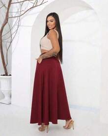 Women's Long Round Skirt Tailored Oxford Fashion Evangelical Casual Basic Winter High Waist Elegant - 酒紅色 - 查看 2