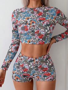 Womens Rash Guard Swimsuit Long Sleeve Sun Protection Sport Printed Wetsuit Two Piece Swimsuit Set - Nhiều màu - Xem 1