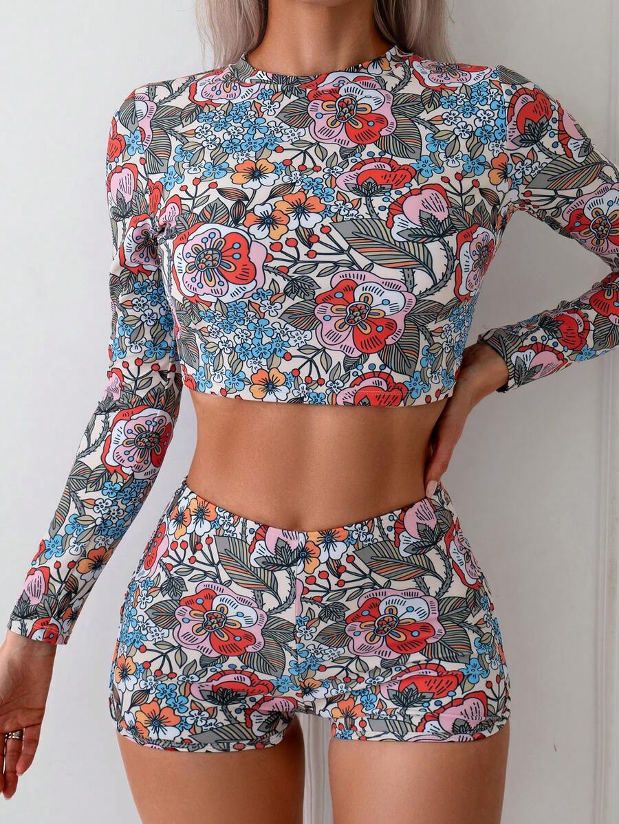Womens Rash Guard Swimsuit Long Sleeve Sun Protection Sport Printed Wetsuit Two Piece Swimsuit Set - Nhiều màu - Xem 1