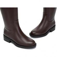 Athlefit Women's Knee High Riding Boots Round Toe Low Heel Tall Boots Pull On Long Booties With Buckle - Brown - View 4