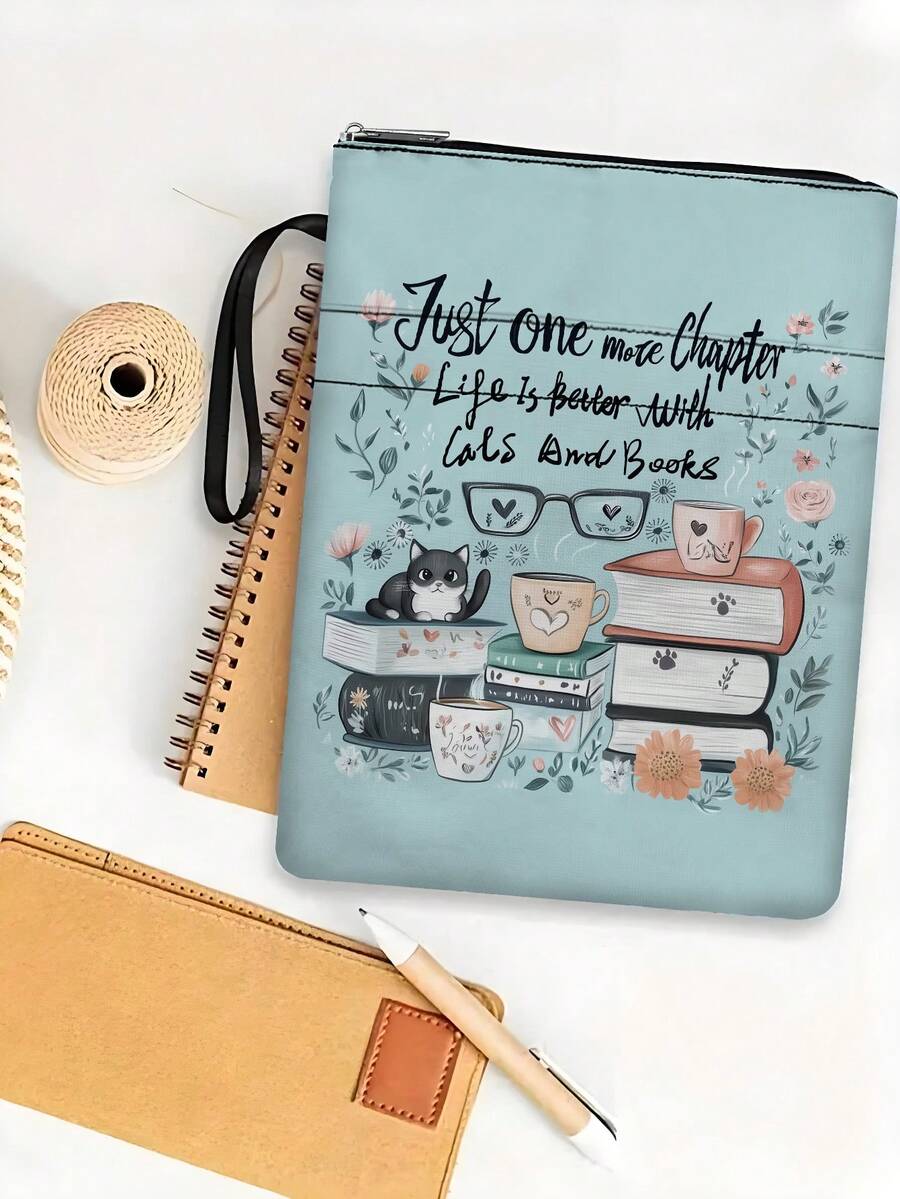 1pc Cute Cat & Book Design Zipper Pocket Book Cover - Comfortable Blue & Orange Design, Ideal For Paperback Book Covers, Perfect Gift For Book Lovers, Book Sleeve | Humorous Design | Zipper Closure, Book Sleeve