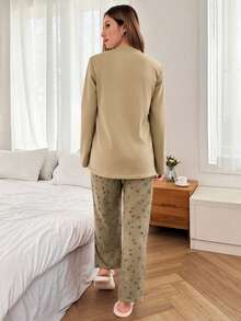 Mirano Slogan Print Short Sleeve Top & Cherry Pattern Long Pants Pajama Set - Brown - View 2