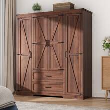 2/3/4 Doors Wardrobe Armoire Closet With Doors And Drawers, Farmhouse Wooden Armoire Storage Cabinet With Shelves & Hanging Rod For Bedroom - 棕色 - 查看 1