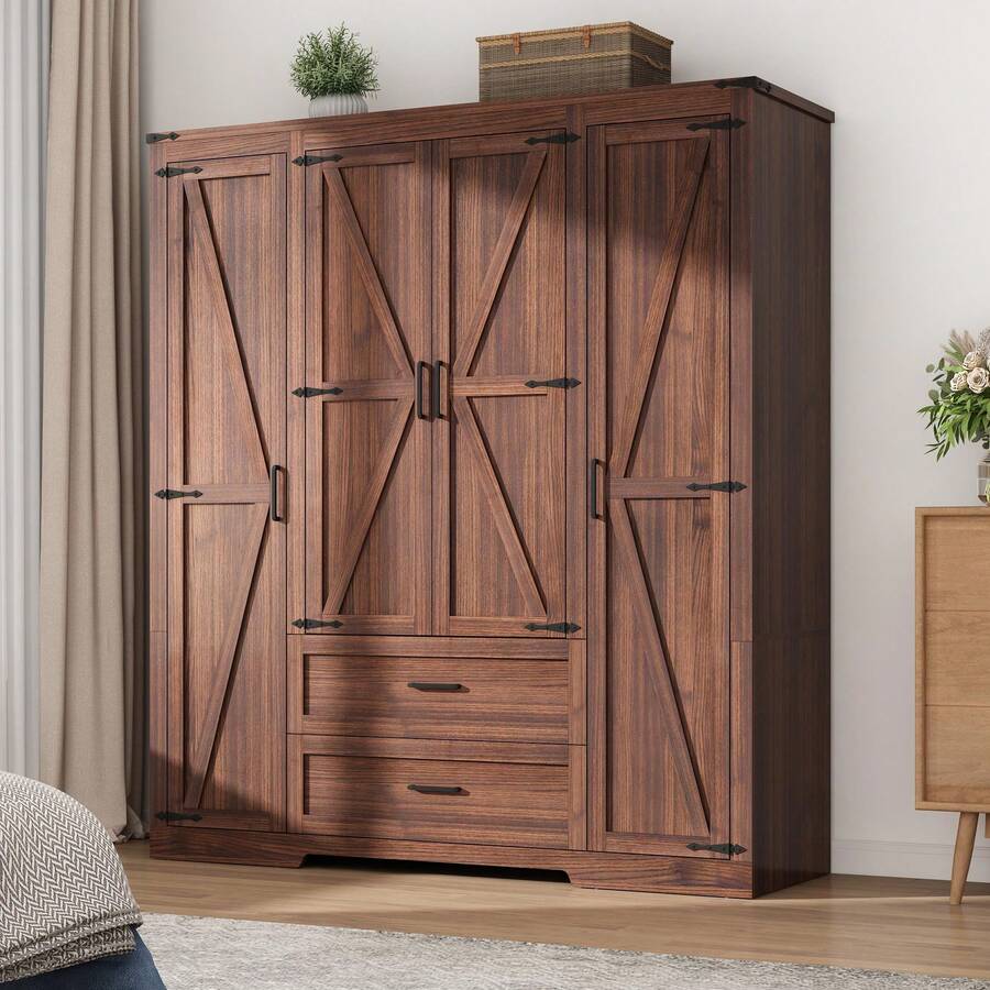 2/3/4 Doors Wardrobe Armoire Closet With Doors And Drawers, Farmhouse Wooden Armoire Storage Cabinet With Shelves & Hanging Rod For Bedroom - 棕色 - 查看 1