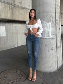 Hoch taillierte Knie Laser zerrissene Freund Mutter Jeans, einfarbig zerstört asymmetrische/asymmetrische Taschen