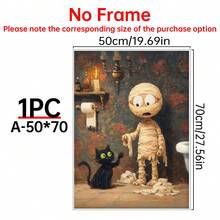 1PC Halloween Cat And Mummy Print, Funny Bathroom Decoration, Scary Halloween Decoration, Cat Lover Halloween Gift, Cat Litter Box Humor, Canvas Wall Art, Posters For Room, Home Decoration, Room Decoration Aesthetic, Room Decoration Stuff. Optional Frame