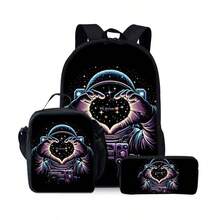 宇航员图案印花背包三件套（单层背包+肩带午餐袋+单层铅笔袋） - 太空人三件套 - 查看 9