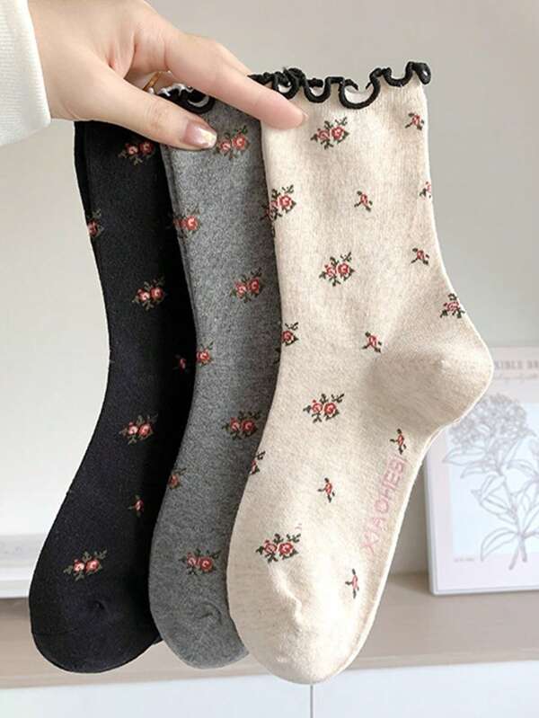 3 pares de calcetines de mujer de encaje floral vintage hasta el tobillo, calcetines con patrón floral retro adecuados para uso diario casual, deportes, fiestas, viajes, regalos, todas las estaciones y todas las ocasiones
