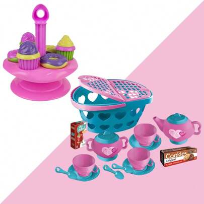 Kit Chá da tarde Brinquedo Infantil com  Porta Bolos Xicara Pratinho Colher-  ENVIO IMEDIATO