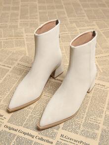 2025秋季新款优雅简约米色短靴，女士粗跟尖头高跟鞋，踝靴，秋冬季百搭时尚踝靴 - 米色 - 查看 2