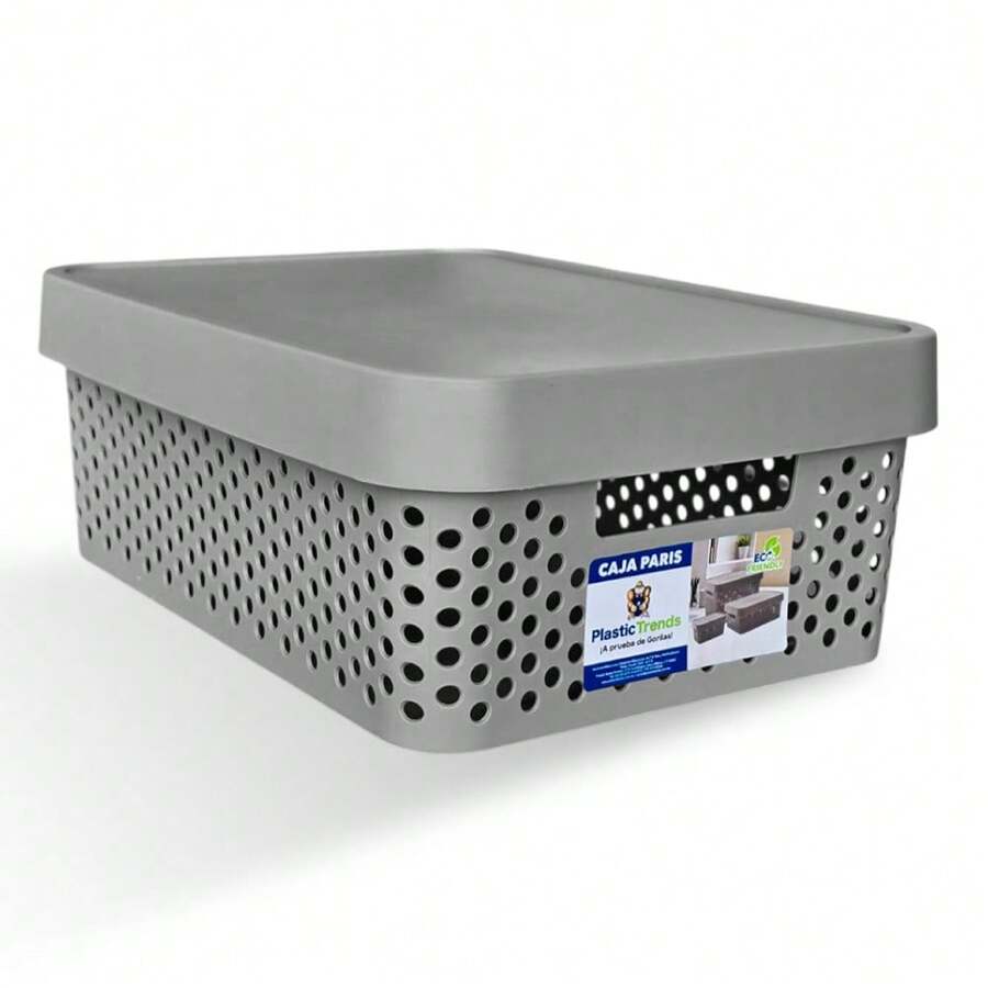 Caja organizadora paris con tapa plástico almacenamiento 11 litros organizador multiusos ropa juguetes papelería hogar practicidad cómodo fácil ordenar - Gris - Ver 1