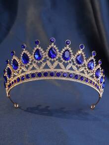 4pcs Fashionable Bridal Crown Necklace And Earrings Set Zinc Alloy Tiara Rhinestone Wedding Jewelry Set For Brides - Elegant Wedding Accessory Kit - 寶藍色 - 查看 11