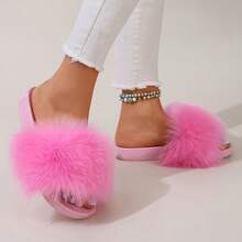 Women's Faux Fur Slides, Open Toe Cute Fur Slippers, Indoor Or Outdoor Comfortable Furry Slide Summer Sandals -Pink - Hồng - Xem 4