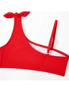Trajes de baño para niñas, trajes de baño rojos, estampado de cerezas, bikini con hombros descubiertos, trajes de baño de dos piezas para niñas. - Rojo - Ver 4