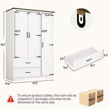 2/3/4 Doors Wardrobe Armoire Closet With Doors And Drawers, Farmhouse Wooden Armoire Storage Cabinet With Shelves & Hanging Rod For Bedroom - trắng - Xem 10