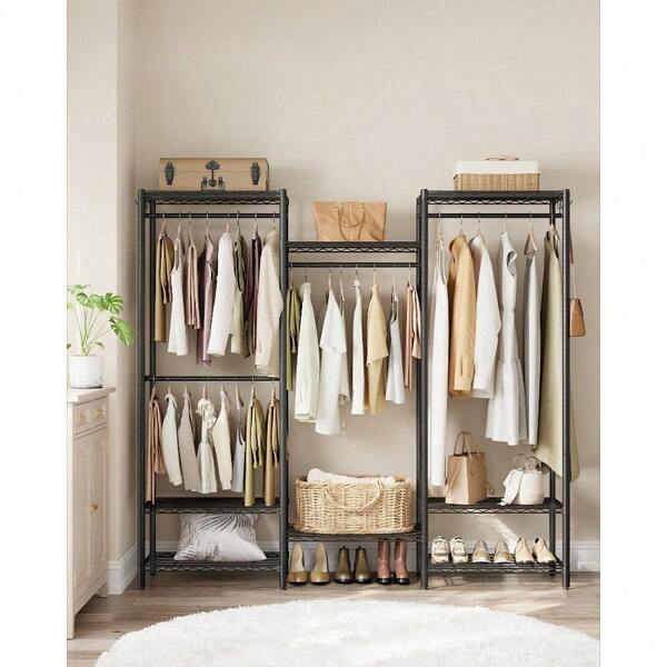 Portable Wardrobe Closet Heavy Duty Clothes Rack, Freestanding Closet Organizer, Metal Garment Rack With Adjustable Wire Shelves, Hanging Rods, Hooks, Dividable