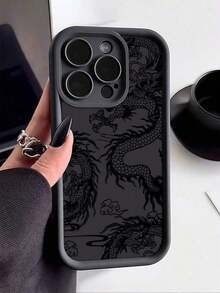 1pc Black Line Dragon Pattern Shockproof TPU Phone Case, Compatible With Apple 16, 15, 14, 13, 12, 11 Pro Max, And Series - 黑色 - 查看 2