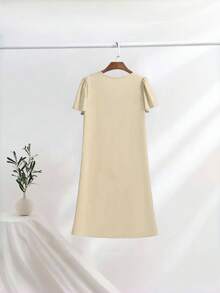 SuofeiMan Nuevo vestido elegante de cuello en V, vestido midi de ajuste ceñido de unicolor versátil para ir al trabajo y uso casual, verano/otoño - Beis - Ver 2