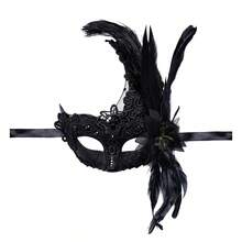 Masquerade Half Face Covering Feather Rhinestone Lace Flower Embroidered Facewear For Halloween Party Stage - 黑色 - 查看 5